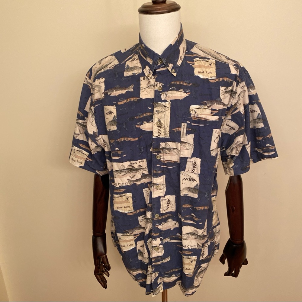Columbia‎ Mens Medium Fishing Shirt Short Sleeve Button Up Nautical Print